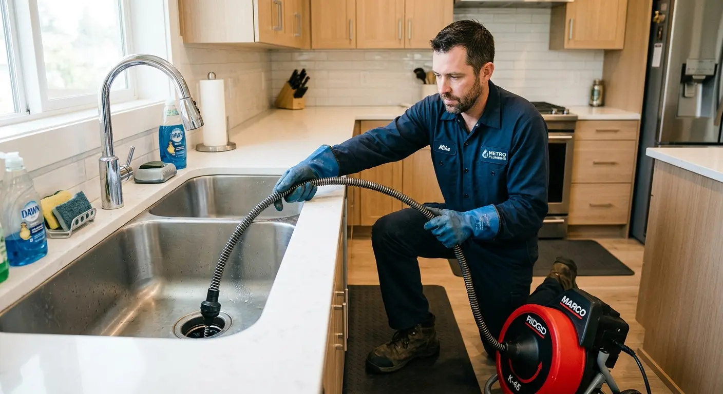 Drain cleaning technician using a motorized snake on a kitchen sink in Upper Sandusky