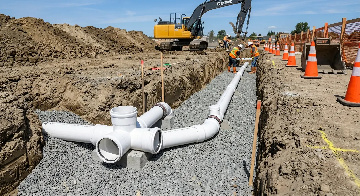 New PVC sewer pipe installation in open trench for Commercial Drain Cleaning in Upper Sandusky