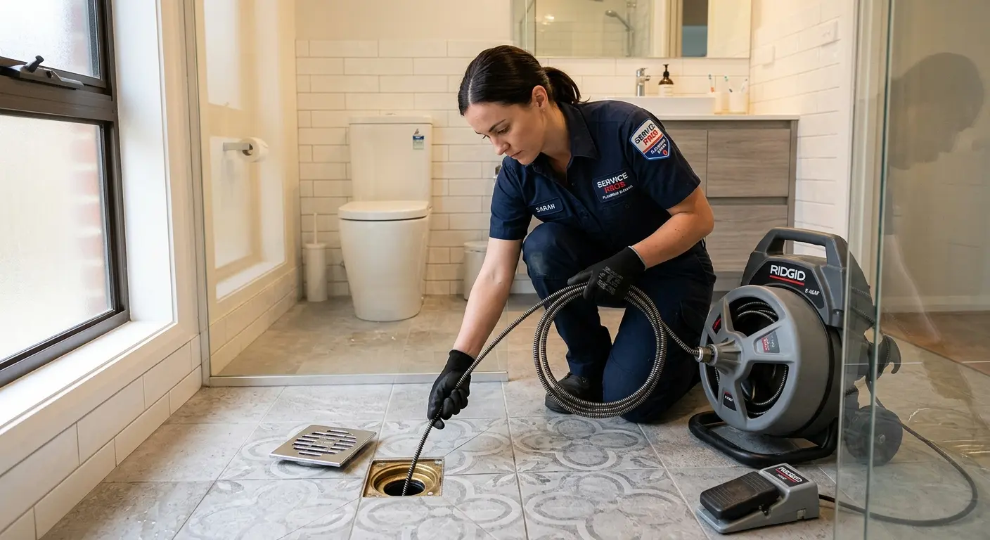 Technician clearing a bathroom floor drain for Drain Repair in Upper Sandusky